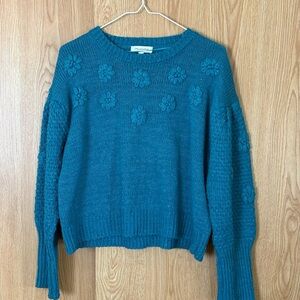 Calligraphie Teal Floral Knit Cropped Sweater